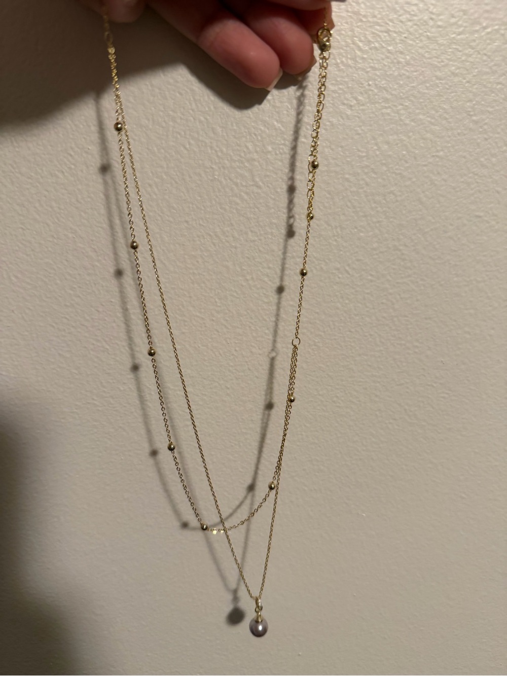 Delicate Gold Tone, Layered Stainless Steel Necklace with Pearl Pendant